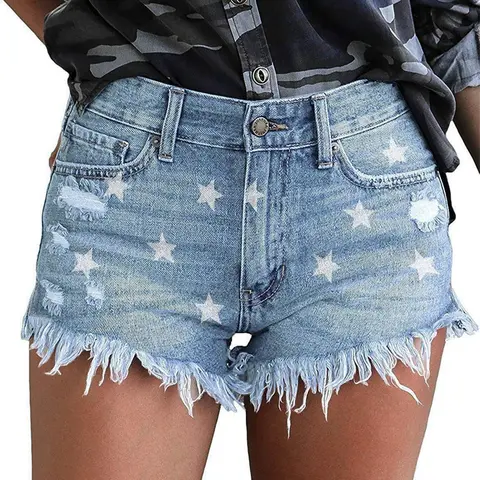 onlypuff Women's High-Waisted Ripped Denim Shorts - Cotton, Casual-Fit, Geometric Accent, Pockets, Star Design - Basic, Minimalist Beach, Streetwear Bottoms for Parties, Concerts