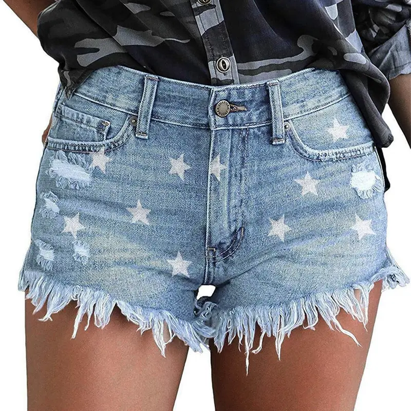 onlypuff Women's High-Waisted Ripped Denim Shorts - Cotton, Casual-Fit, Geometric Accent, Pockets, Star Design - Basic, Minimalist Beach, Streetwear Bottoms for Parties, Concerts