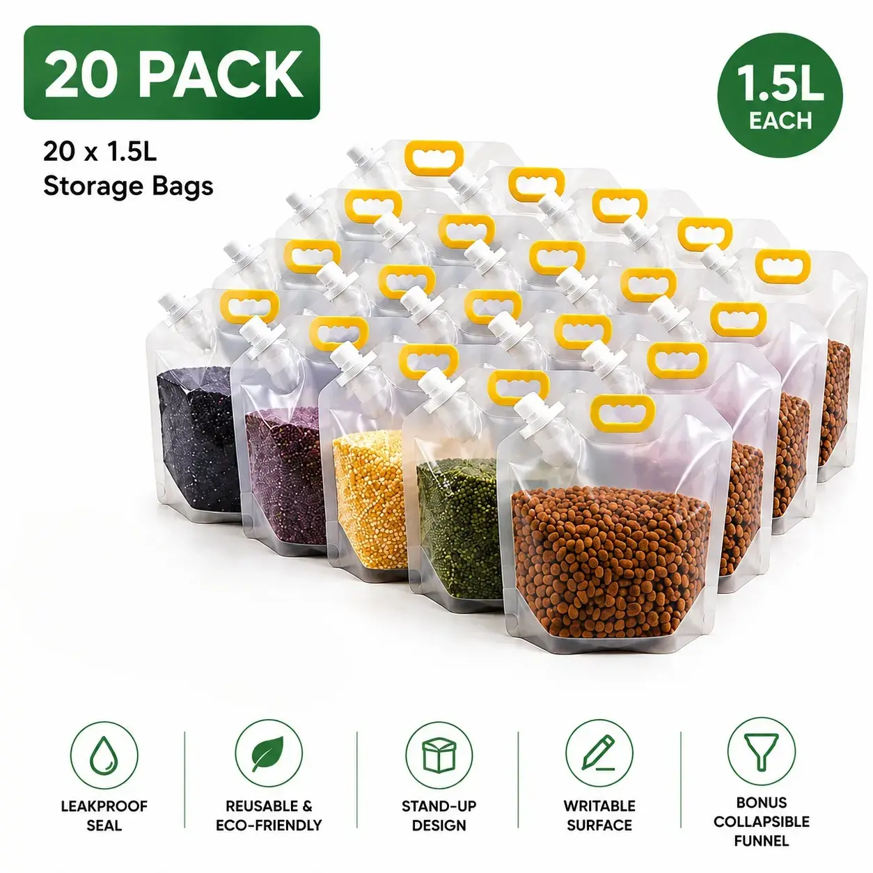 10-Count Washable Reusable Airtight Food Storage Bags with Lids - Leak-Proof, Expandable, Large-Capacity Stand-Up Containers for Kids, Outdoor Camping - Storage Organization Portable Homegoods for Freshness