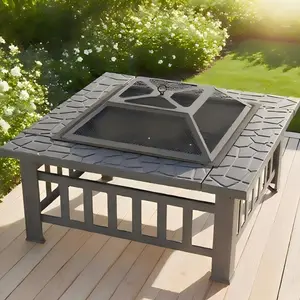 【Summervibes】Ubesgoo 32 inch Outdoor Fire Pits Outdoor Wood Burning Firepit Table Square Metal Fireplace Bowl with Lid and Poker for Backyard Garden Gatherings