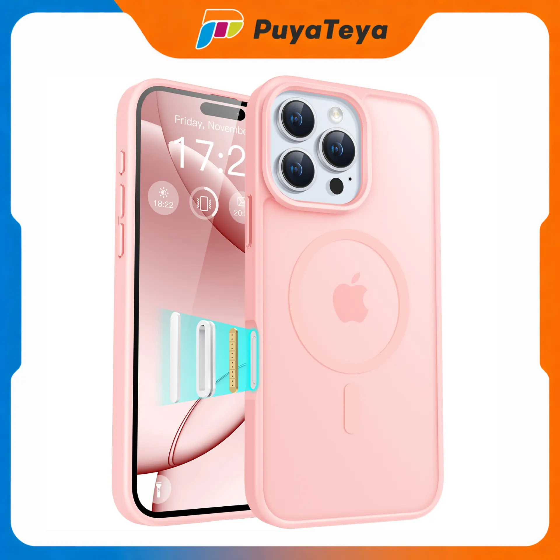 PuyaTeya Magnetic Matte TPU Cover with Magnetic Ring for iPhone 15/16/Pro/Pro Max, 3-Layer Shock TPU, Military Grade Anti-Drop, Shockproof, Anti-Scratch Translucent Case, Wireless Charge Fit, Fits iOS