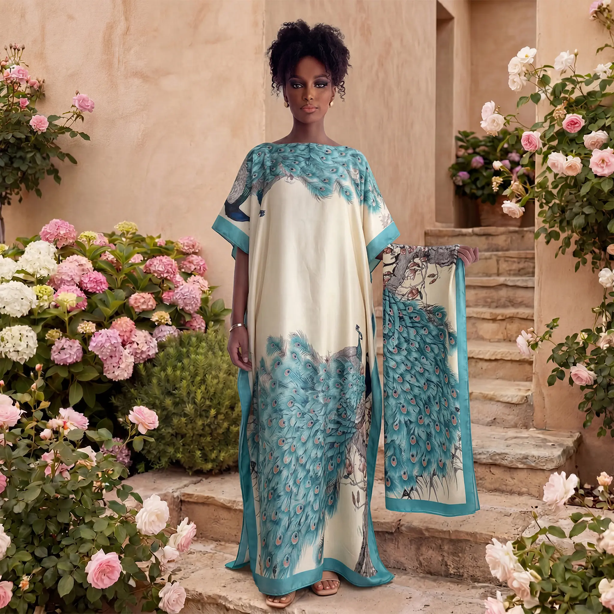 Women's 2-Piece Luxury Cream Satin Moo Moo Kaftan & Matching Hijab Set - Teal Peacock Feather Print, Silky Loose Fit Short Sleeve Boat Neck Full-Length Maxi Dress with Side Split, All Seasons Modest Wedding Anniversary Outfit (Cold Wash Safe)