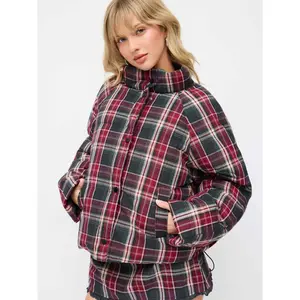 Cider Plaid Stand Collar Drawstring Pocket Puffer Jacket