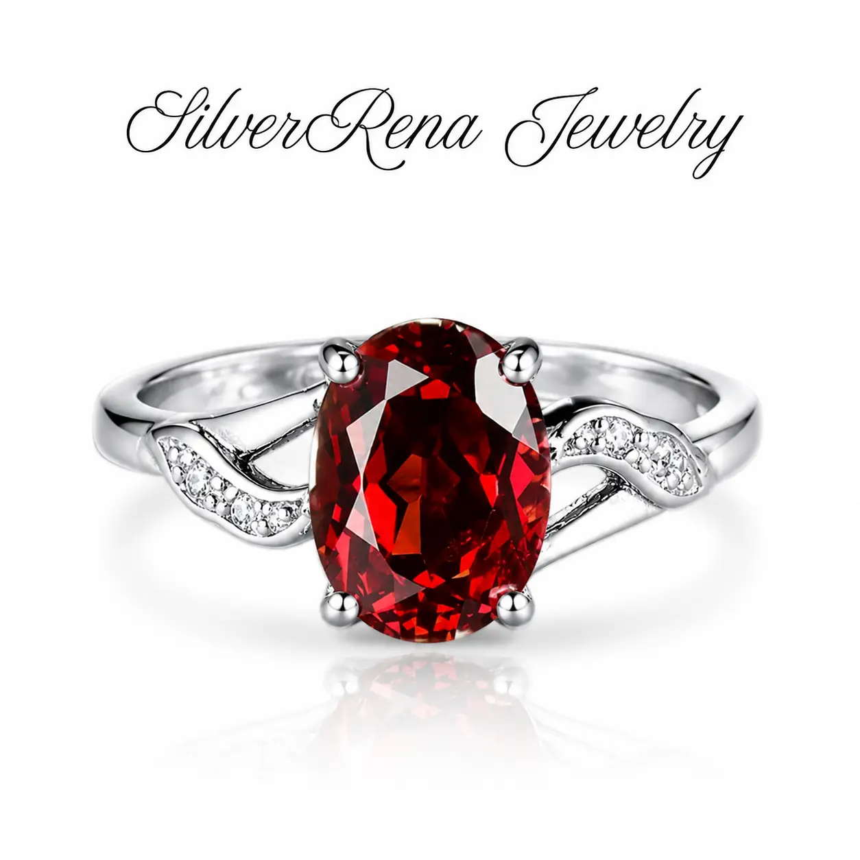 S925 Sterling Silver Wing Band Oval Red Garnet CZ Open Adjustable Ring Micro Pave Clear Zircon January Birthstone Vintage Romantic Statement Jewelry Hypoallergenic Elegant Accessory For Women Teen Girls Holiday Birthday Gift For Crystal Lover