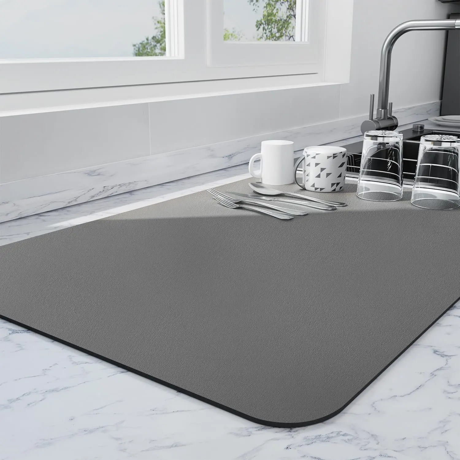 Dish Drying Mat for Kitchen Counter | Coffee Bar Mat for Countertops | Heat Resistant Drainer Mat with Non-Slip Rubber Backed | Hide Stain Kitchen Absorbent Draining Mat | Dark Grey 16"X18" Ecotrim
