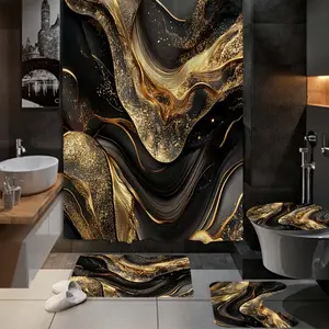 1/4pcs Black Golden Marble Patterned Shower Curtain Four Piece Set, Including Waterproof Shower Curtain, Non Slip Floor Mat, Toilet Seat Cover, And U-shaped Mat Shower Curtain Set, Twelve Hooks, Bathroom Accessories, Holiday Gifts, Holiday