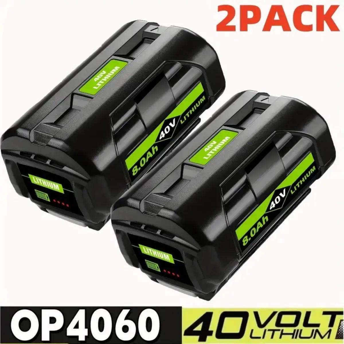 High Capacity Batteries for Ryobi 40V Power Tools - 2 Pack, 8.0Ah Cap. Lithium Ion Replaceable Batteries with LED Display, Compatible Models OP4026, OP40201, OP40261, OP4040, OP4050, OP40601