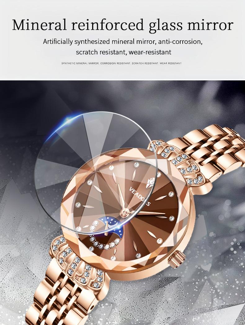 Ludmila Luxury Women's Jewelry Watch Diamond Cut Crystal Stainless Steel Waterproof Moon Star Sun Design Elegant Wristwatch Anniversary Gift for Her