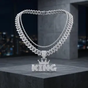Hip Hop Layered Cuban Link Necklace Set, Men's Rhinestone Chunky Chain with Crown & King Pendant, Fashion Jewelry for Daily Party Birthday Gift