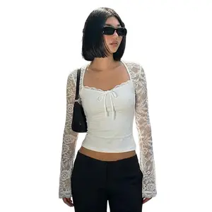 Women's 2026 Summer New Square Neck Delicate Floral Lace Trimmed Long Flared Sleeve Ruched Crop Top with Front Bow Detail & Soft Stretchy Fabric Sexy Elegant Glamorous Chic Slim-Fit Party Blouse summerwins