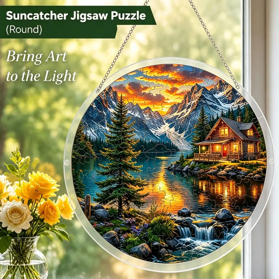 Circular acrylic puzzle sun catcher, lakeside wooden house colorful window hanging decoration, transparent light catcher rainbow projection DIY stress relieving puzzle kit, adult unique gift, natural puzzle enthusiast, home bedroom decoration
