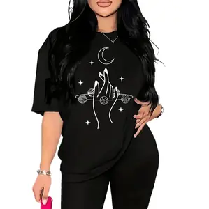 Black Celestial Graphic Short Sleeve Tee For Women With Artistic Print And Relaxed Fit