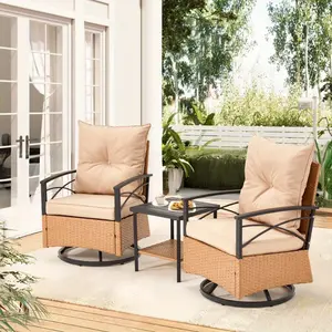 Patio Rattan Swivel Rocker Chairs Set of 3, Outdoor Dining Chairs with Cushion and Coffee Table, Patio Rocker Chair Set for Porch and Backyard, Beige