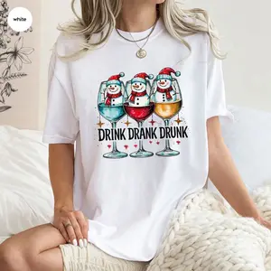 Drink Drank Drunk Christmas Wine Shirt, Funny Christmas Wine T-Shirt, Snowman Wine Christmas Sweatshirt, Cute Winter Drinking Graphic Tee