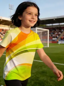 girl child jersey Sunrise Gradient Waves Design Pattern Breathable, light, and comfortable short sleeve T-shirt Daily wear elastic casual children's clothing one piece outdoor sports essential comfortable training sports summer quick-dry