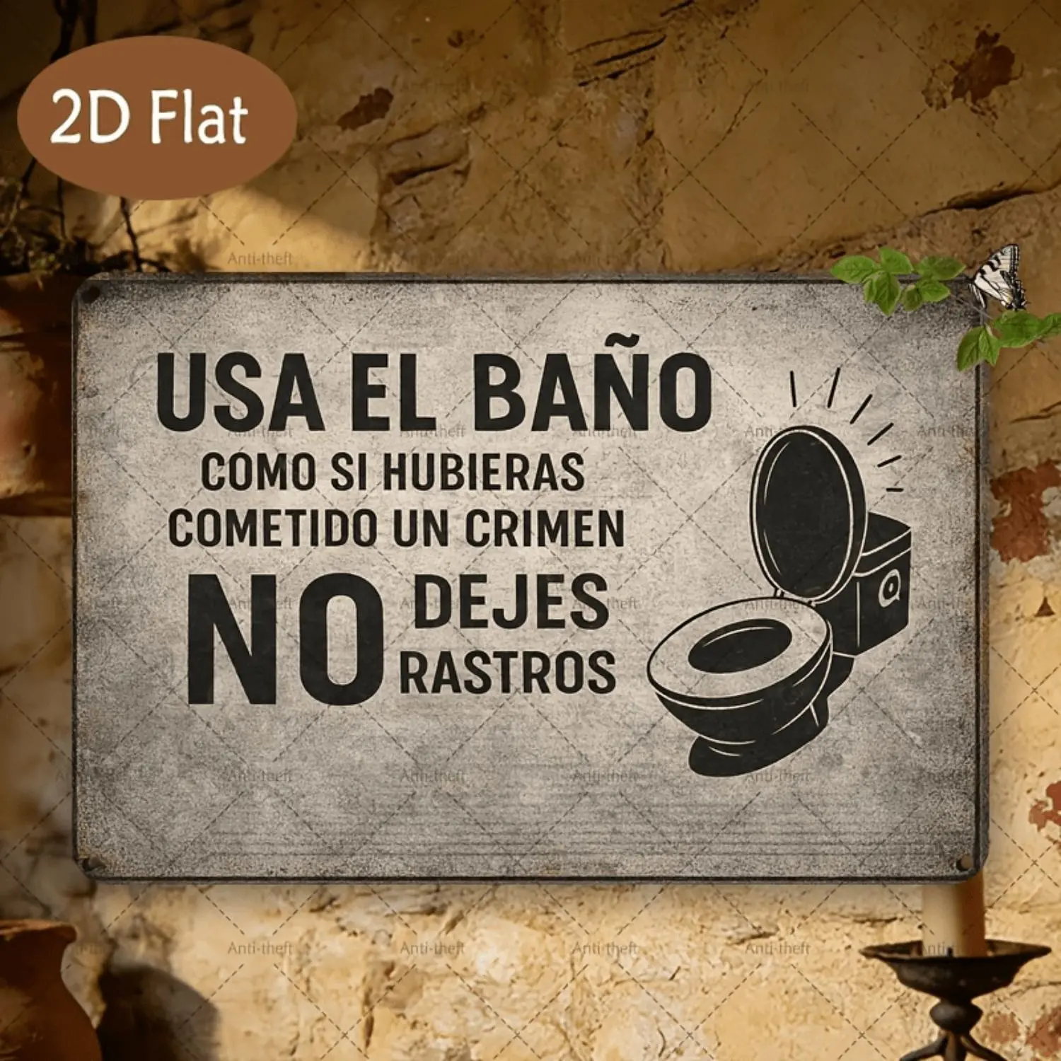 2D Flat 1pc Spanish Slogan Vintage Sign 7.87x11.81inch | Metal Decorative Painting, Printed with "USA EL BAÑO COMO SI HUBIERAS COMETIDO UN CRIMEN NO DEJES RASTROS" and a Toilet Image, Suitable for Bathroom, Restroom, and Other Space