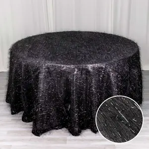 Polyester Round Tablecloth 120" Black Metallic Fringe Shag Tinsel Table Cover