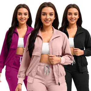 Medical Work Jacket Thickened Long Sleeve Stand Collar Baseball Jacket Solid Color Pocket Nurse Uniform Europe and America Womenswear Clothes upgrade  wardrobe Fabric Polyester Rayon Spandex Workwear Gamis 52002-Navy Blue Basic top top