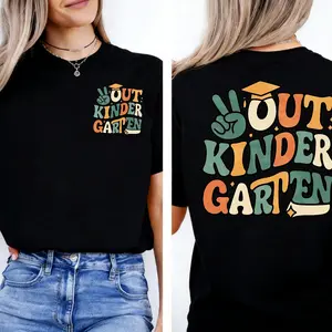 Peace Out Kindergarten T-Shirt, Retro Groovy Last Day of School Shirt, Cute 1st Grade Graduation Tee, Black Colorful Pre-K Grad Gift for Girls