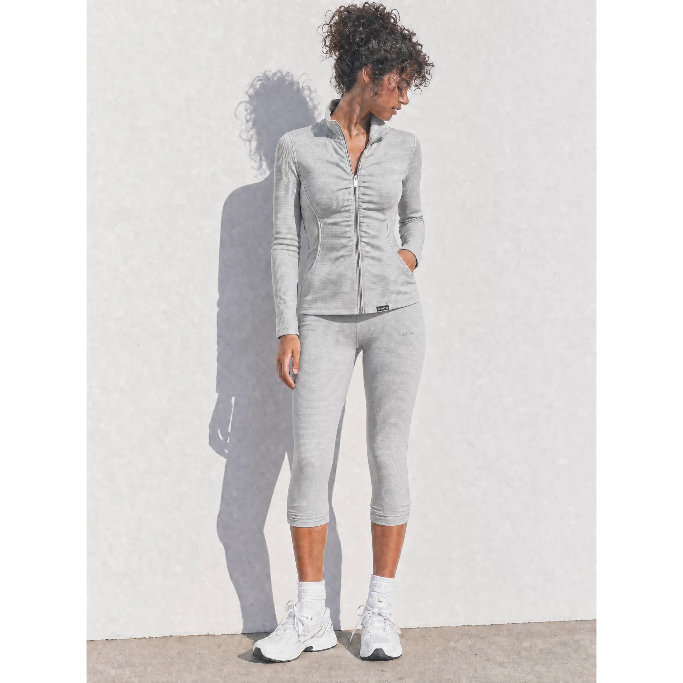 Vintage Bebe Gray Stripe Ruched Jacket + Capri Pant Set