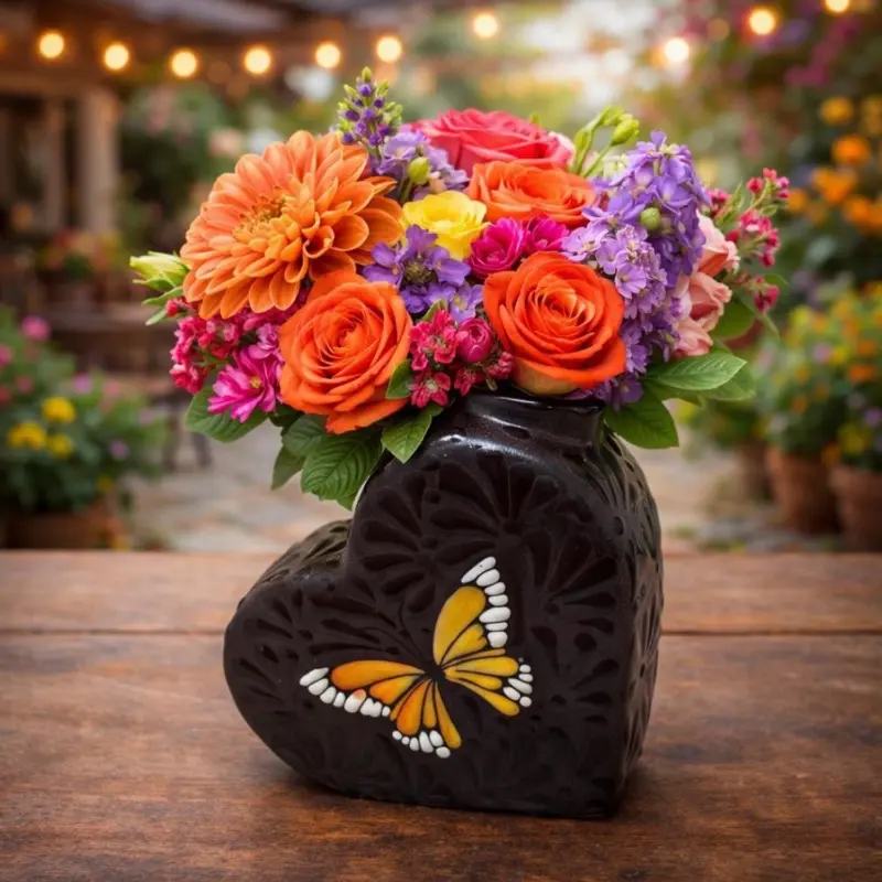 Black Heart Shaped Flower Vase With Butterfly Print