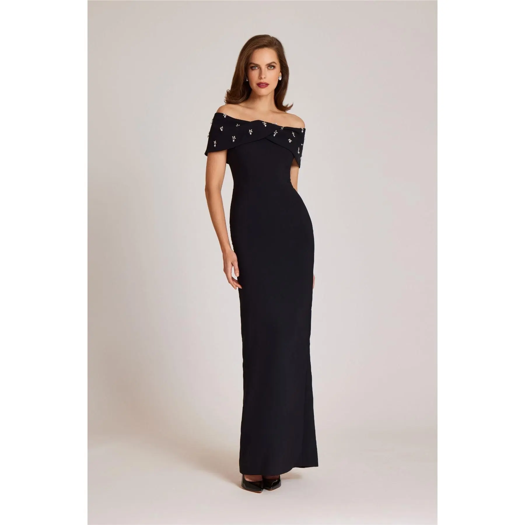 Teri Jon Crepe Off The Shoulder Jewel Trim Portrait Column Gown 239069 -  TikTok Shop