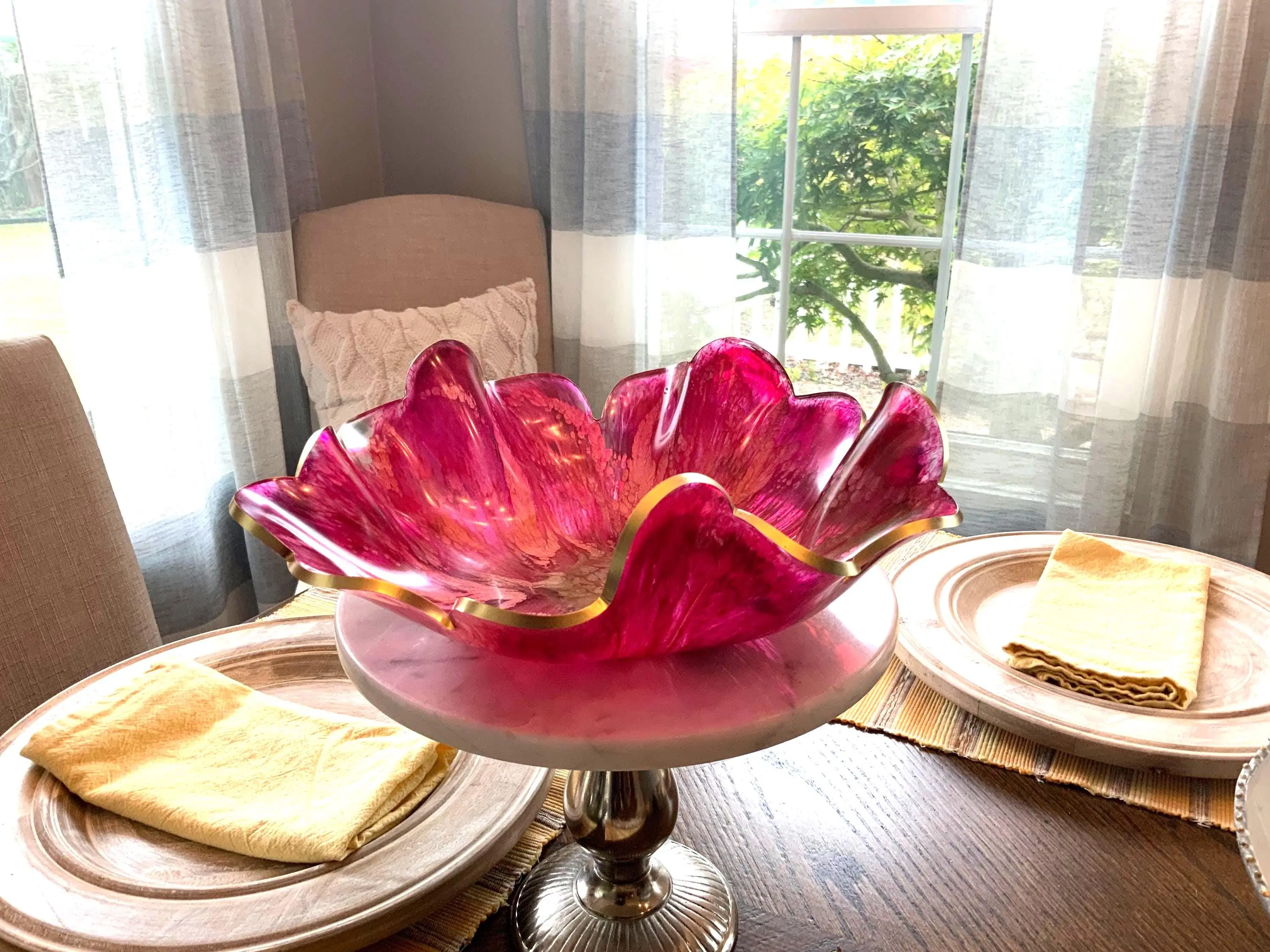 Resin Raspberry Swirl Decorative Bowl - 11¾" Diameter, 1-of-a-kind Swirled Look Kitchen Tableware for Color Lovers' Fruit Serving, One Of A Kind