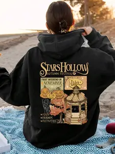 Women's "Stars Hollow Autumn Festival" Gilmore Girls Graphic Hoodie - TV Show Style Hoodie, Sizes S-3XL, Perfect for Gilmore Girls Fans, Casual Outings, Comfortable Material Black Everyday relaxed fit pullover Camo Anime Print Hoodie