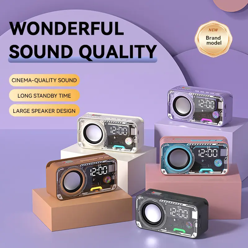 Transparent Bluetooth Clock Speaker Digital Alarm Clock Audio Player RGB Ambient Light Cinema Sound Long Standby Dual-Core Chip Bedroom Desktop Dorm Home Party For Teens Adults Compatible Phone Laptop
