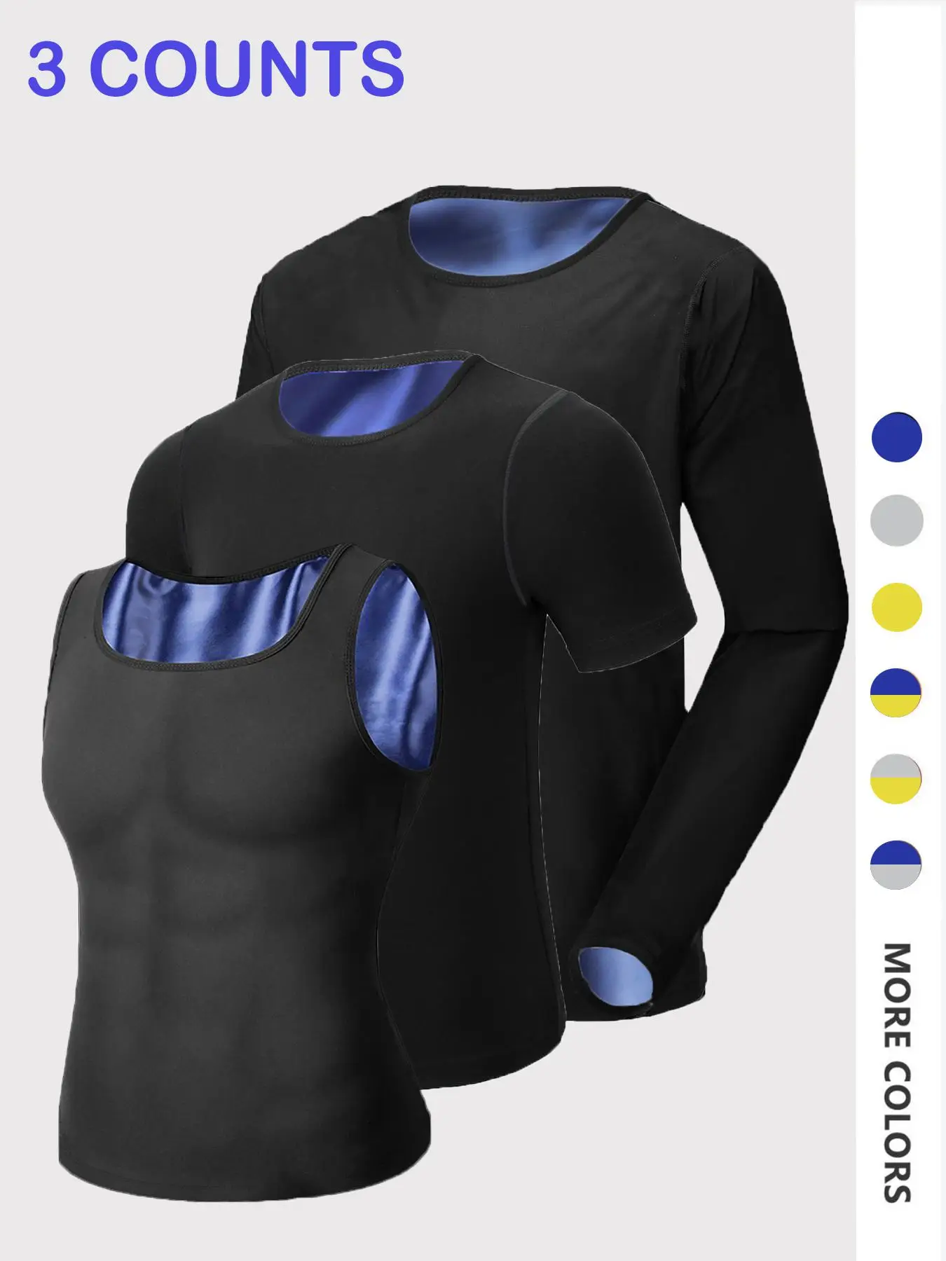 Men's Colorblock Sports Sauna Tops, Sporty Sleeveless Tank Top & Short Sleeve Tee & Long Sleeve T-shirt Sauna Set, Men Sauna Tops for Gym Workout