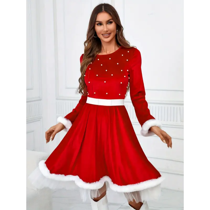 Women's Festive Red Christmas Costume with Beaded Detail, Long Sleeves & Belt - Elegant Holiday Party and Santa Claus Performance Outfit, Festive Attire | Sparkling Festive Dress | Polyester Blend Costume, Christmas Outfits