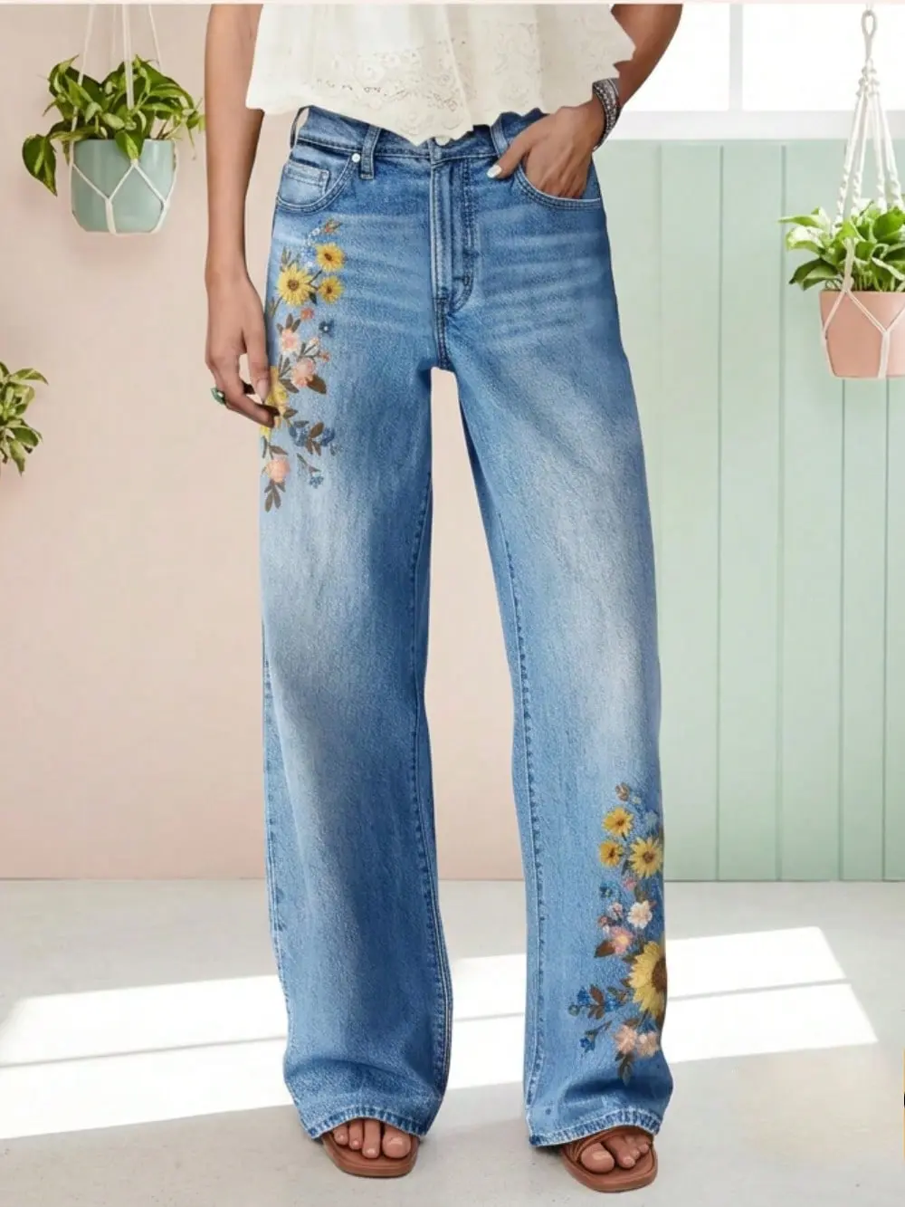 Women's Boho Sunflower Embroidery Wide-Leg Denim Jeans - Beach & Everyday Bottoms with Pockets, Zipper, Casual Light Wash Long Style, Cardigans