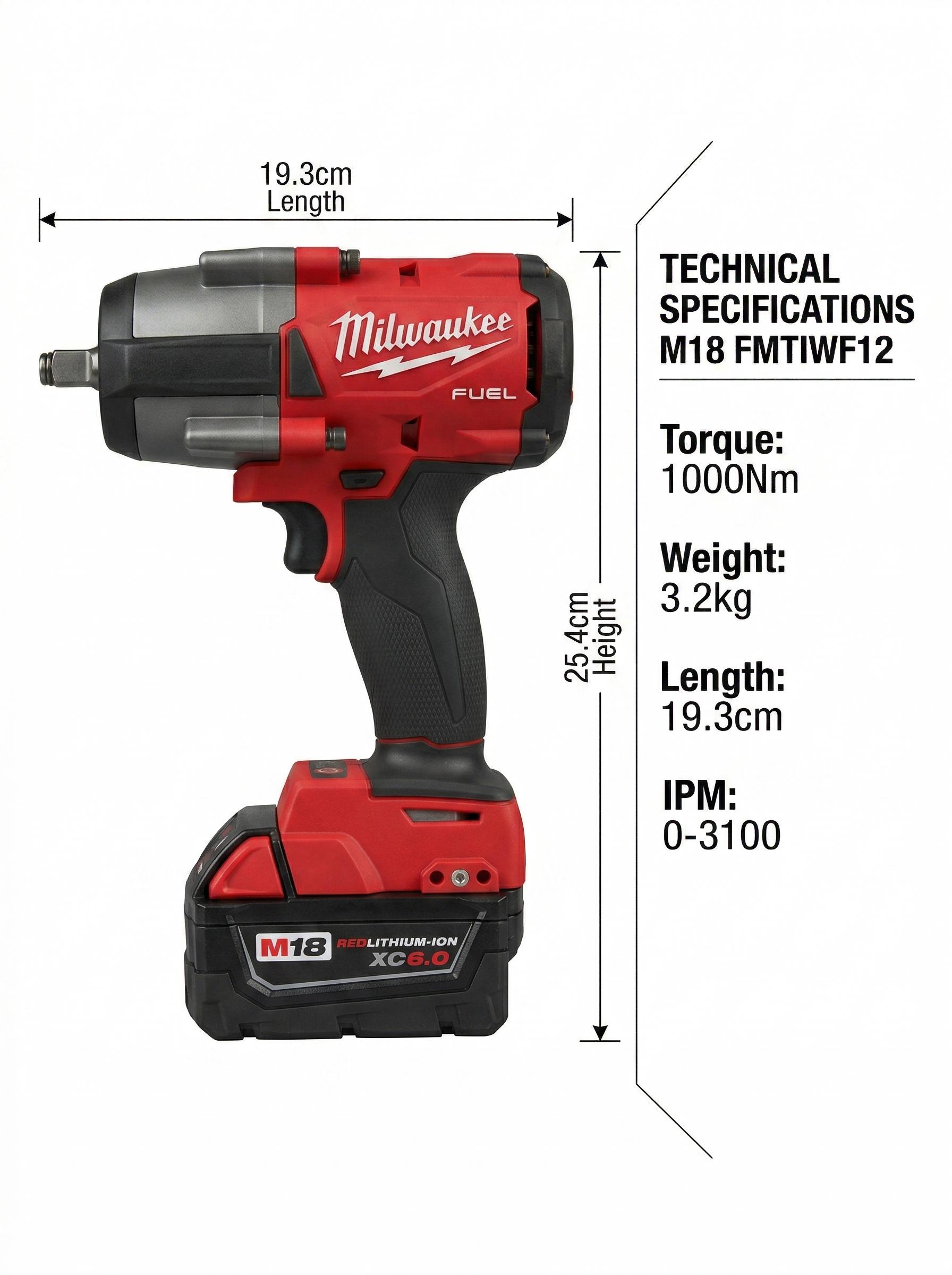 Milwaukee M18 FMTIWF12 18V 1/2 Inch Impact Wrench for Heavy Fastening 1000Nm
