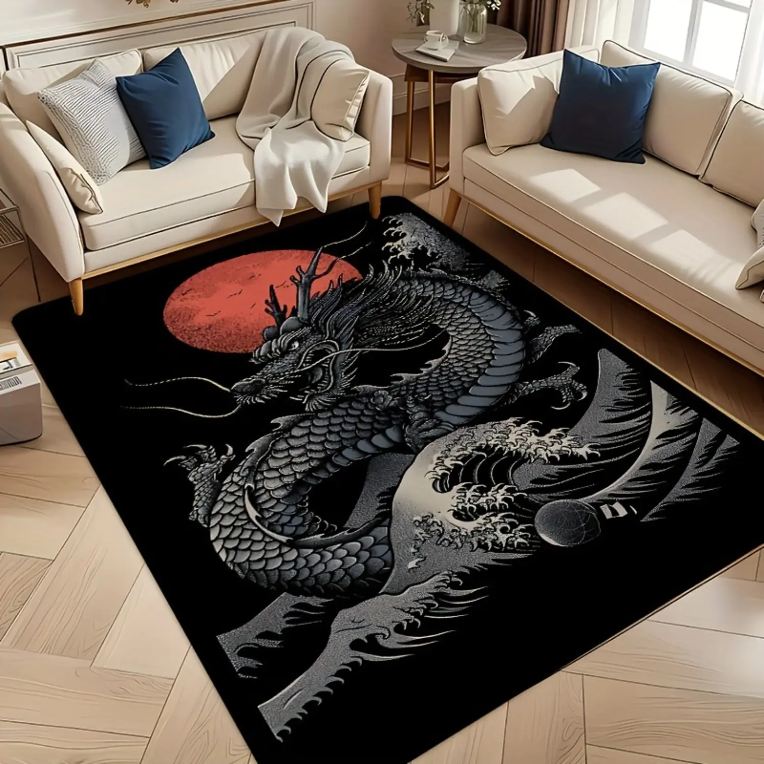 Watercolour Japanese Ukiyo-e Dragon & Red Sun Great Wave Area Rug - Soft Diatomite, Anti-Shrink, Absorbent, Quick-Dry, Water-Resistant, Non-Slip 100% Rubber Backing - 31.5×70.9in, 39.4×78.7in, 47.2×78.7in for Bedrooms Home Decor, Multi-Size
