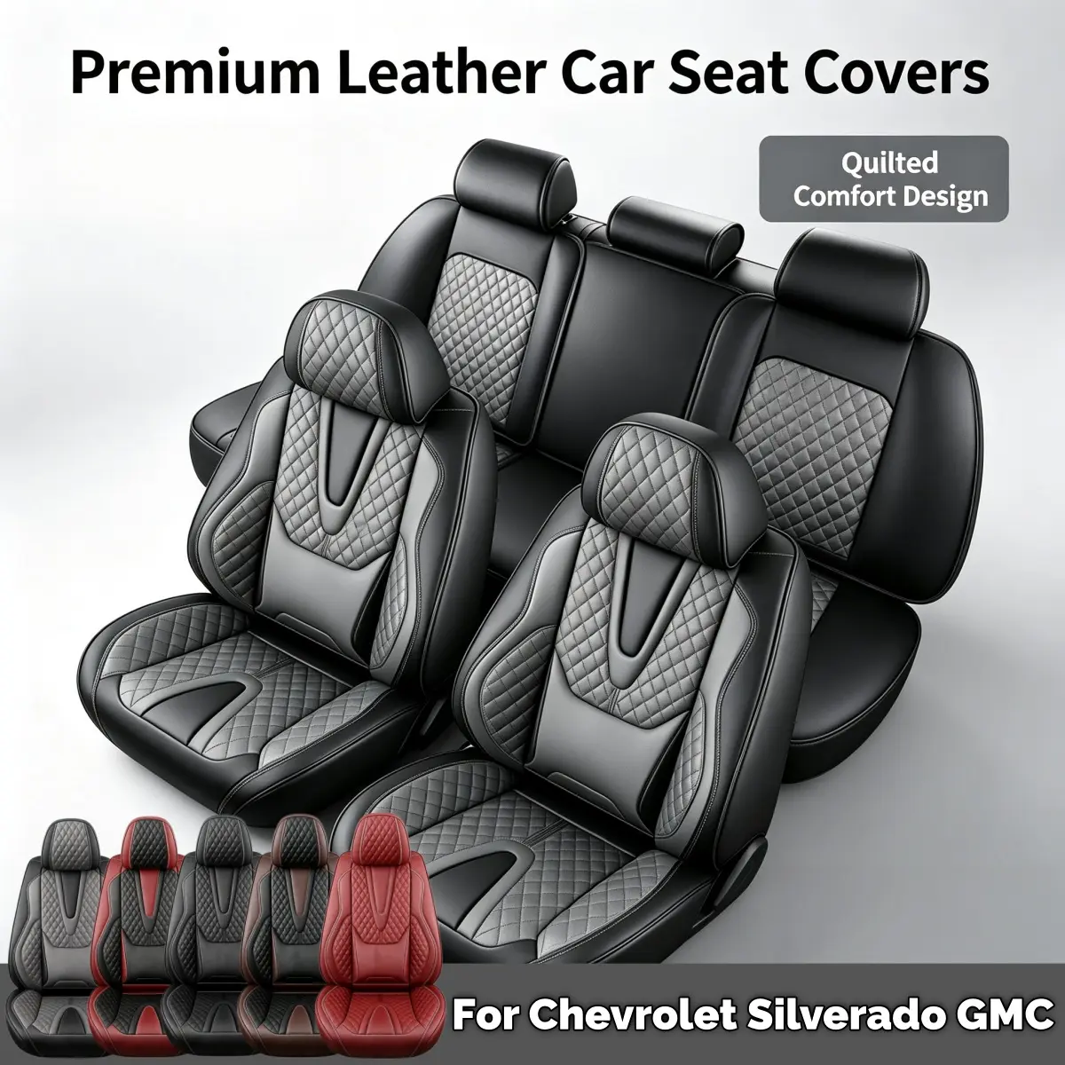 Fits For Chevrolet Silverado GMC 1500 2500HD 3500HD Car 5 Seat Covers Full Set PU Leather Front Rear Cushion Protector Pad Mat Full Surround Design - For Mother Father Lover Friend Christmas Valentine Gift, Car Interior Kit, Car Seat Protectors