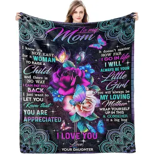 Soft Flannel Throw Blanket with Neon Purple Rose & Butterfly Design, 2026 Mother's Day Gifts for Your Mom, Daughter's "I'll Always Be Your Little Girl" Gift
