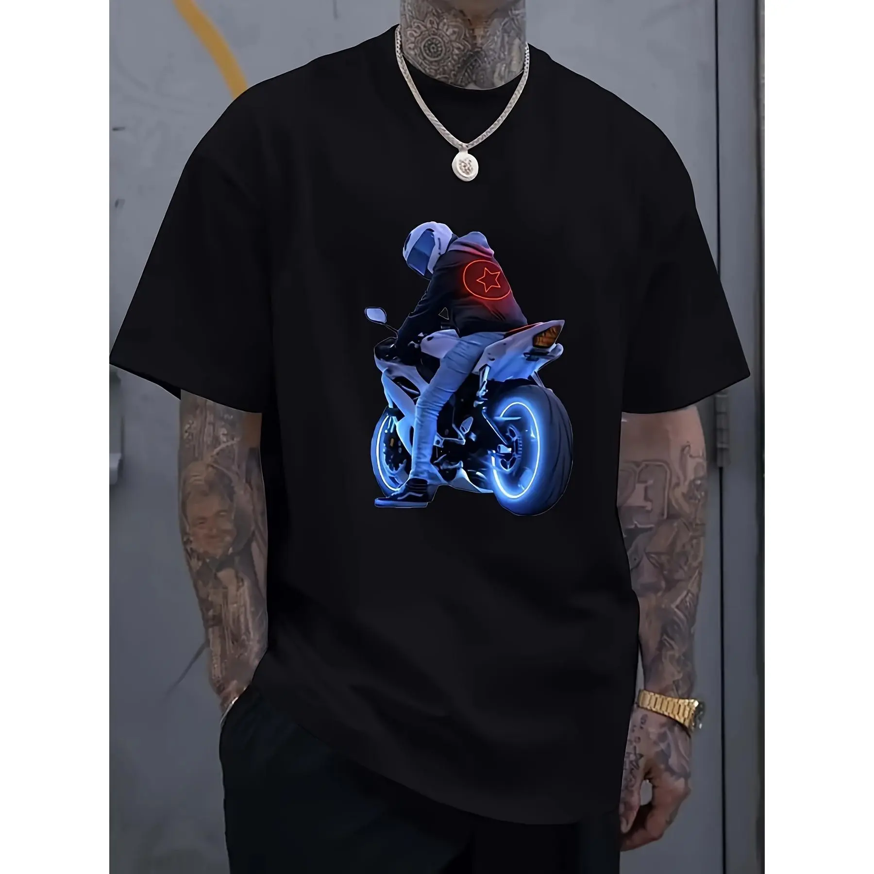 Stylish Men's Black T-Shirt with Vibrant Blue Glowing Motorcycle Rider Print - Soft, Breathable Cotton, Perfect for Summer Casual Wear & Music Festivals, Summer Casual Wear|Modern Casual Style|Glossy Finish Shirt