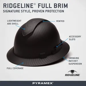 Full Brim Hard Hat Vented Construction Safety Helmet 4 Point Ratchet Suspension Matte Black Graphite Pattern Adjustable Lightweight Work Helmet for Men Women Industrial Head Protection ANSI Z89.1 Certified