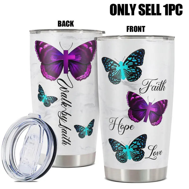 20oz Tumbler, 1 Count Stainless Steel Insulated Cup with Straw & Brush, Butterfly Pattern Drinking Cup for Home Office School, Drinkware, Vacuum Insulated Tumbler, Stylish Tumbler