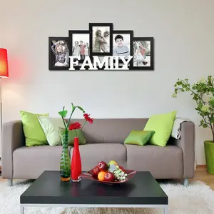 Adeco Decorative Black and White Wood ''Family'' Wall Hanging Picture Photo Frame, 5 Openings, 4x6'' Wooden