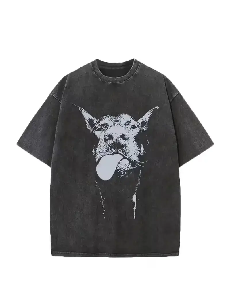 Menswear Vintage Acid Wash Retro Doberman Graphic Tshirt - Unisex Heavy Cotton Crew Neck Drop Shoulder Oversized Loose Fit Streetwear Casual Summer Top For Men