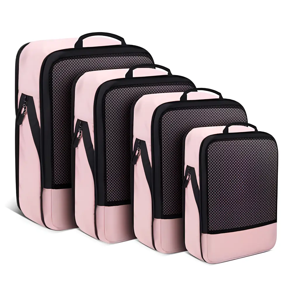 Compression Packing Cubes 4-Set Space Saver with Vacuum-Free Compression Expandable Luggage Organizer for Carry-On, Travel Accessories, Packing Cubes for Suitcases, Zip Zipper Folding Durable, Travel Essentials,  Luggage Storage Nylon Fabric