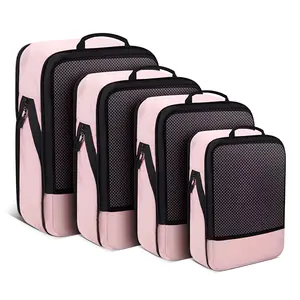 Compression Packing Cubes 4-Set Space Saver with Vacuum-Free Compression Expandable Luggage Organizer for Carry-On, Travel Accessories, Packing Cubes for Suitcases, Zip Zipper Folding Durable, Travel Essentials,  Luggage Storage Nylon Fabric