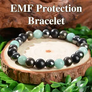 EMF Protection Bracelet: Shungite, Hematite, Pyrite & Amazonite 8 mm Round Protection Crystals (Crystal Healing Bracelet, Gift)