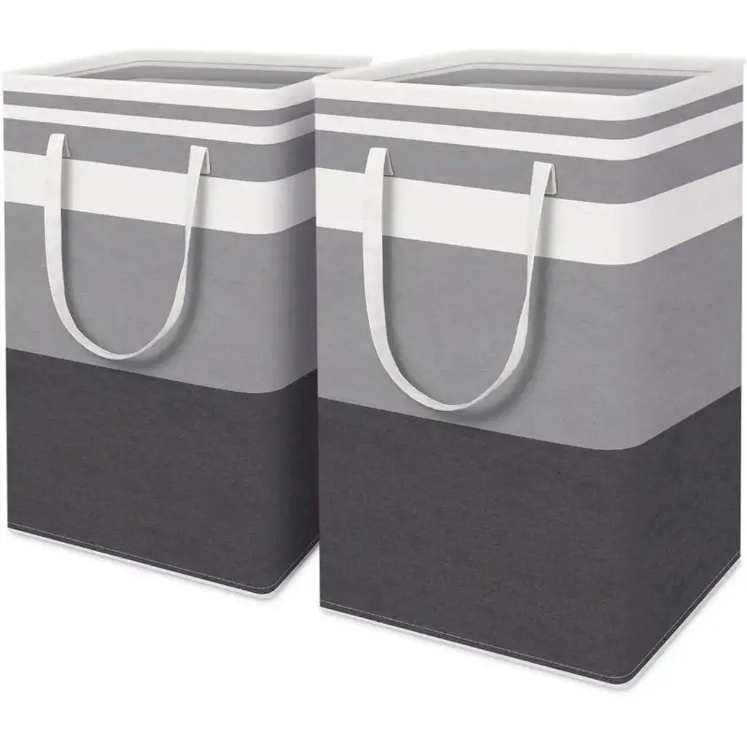 2-Pack Foldable Laundry Hamper for Clothes, 75L Large Stripes Fabric Cube Bag, Waterproof Canvas Dirty Clothes Storage with Long Reinforced Handles, Stands Upright for College Students (Dorm, Laundry Room)