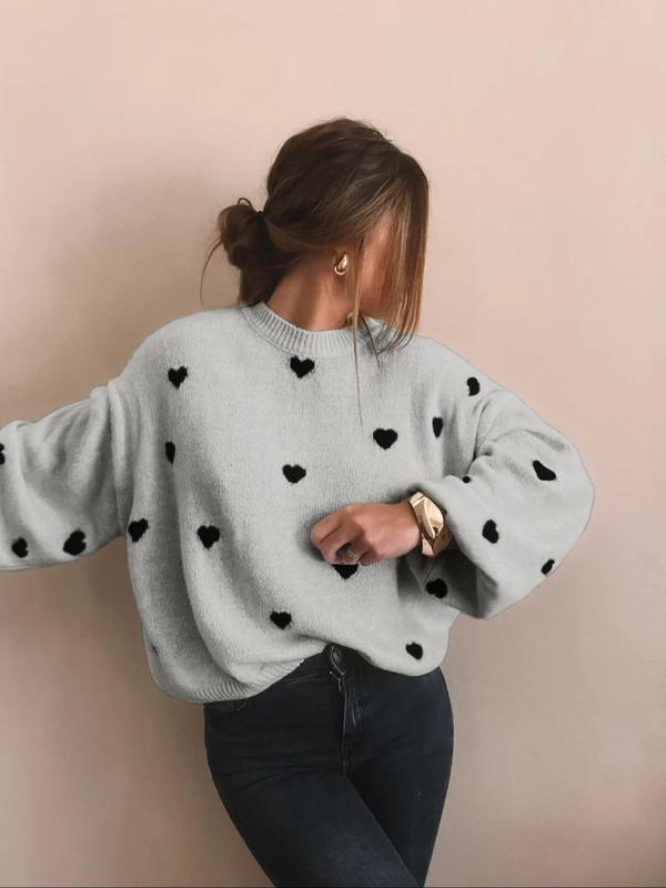 Women's All Over Heart Print Drop Shoulder Sweater, Casual Long Sleeve Round Neck Jumper for Fall & Winter, Fashion Ladies' Knitwear for Daily Wear Women's All Over Heart Print Drop Shoulder Sweater, Casual Long Sleeve Round Neck Jumper for Fall & Winter, Fashion Ladies' Knitwear for Daily Wear