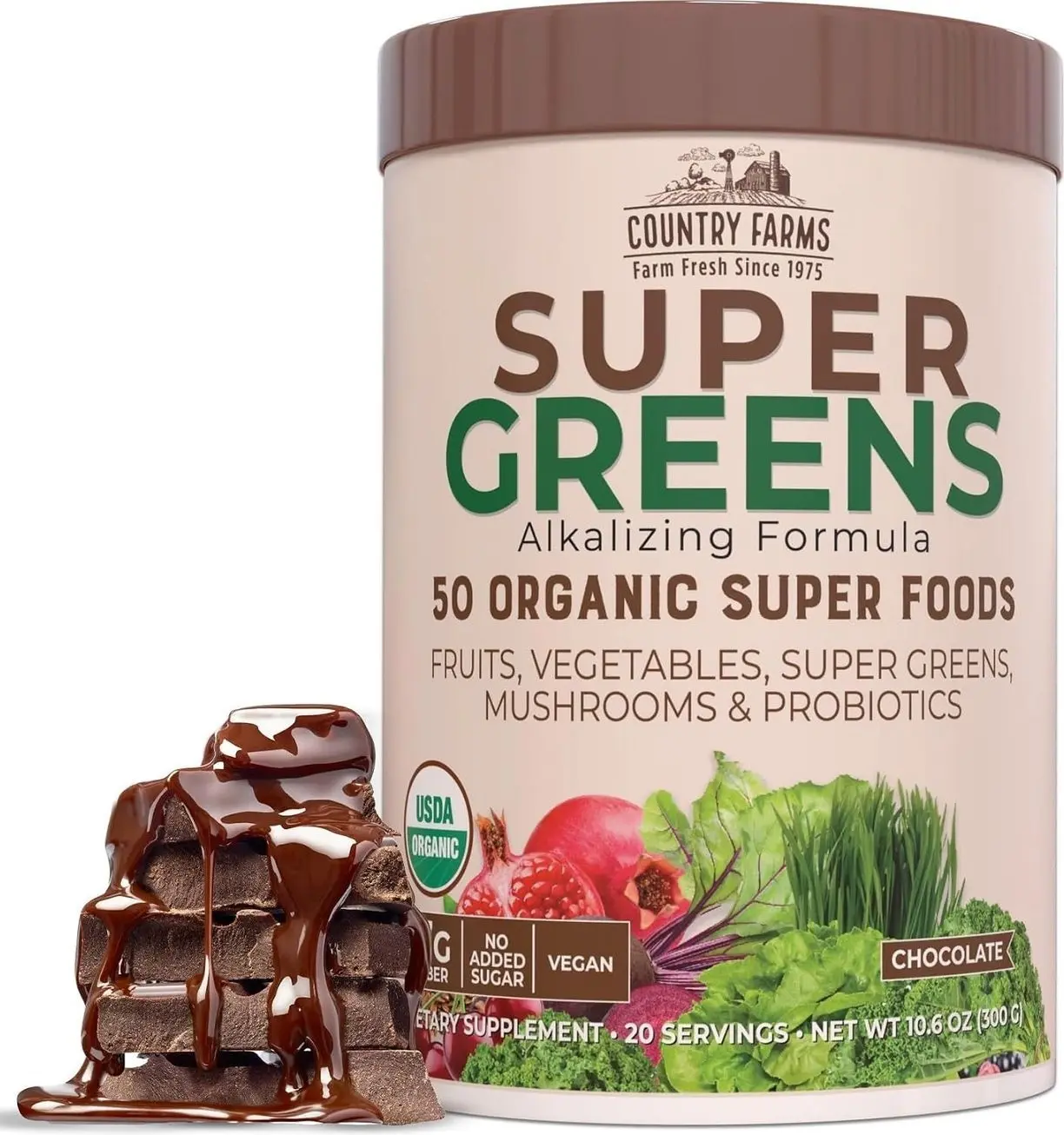 Country Farms Organic Super Greens Chocolate Flavor, 50 Organic Super Foods, USDA Organic Drink Mix, Packed with Fiber, Fruits, Vegetables, Mushrooms & Probiotics, Supports Energy, 7g Fiber