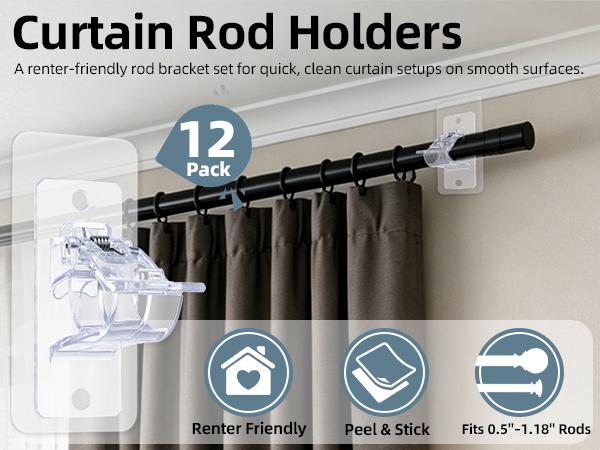 6 Pack No Drill Curtain Rod Brackets, Self Adhesive Rod Holders, Renter Friendly College Dorm Essentials for Apartment, Bathroom & Bedroom, Back to School, Fallhomedecor, Sohochic