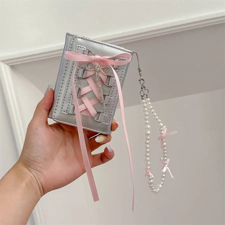 Women's Trendy Aesthetic Ballet-Style Ribbon Wallet, Pearlized, Wrist-Attachable, Pearlized Women's Wallets, Wrist Women's Wallets