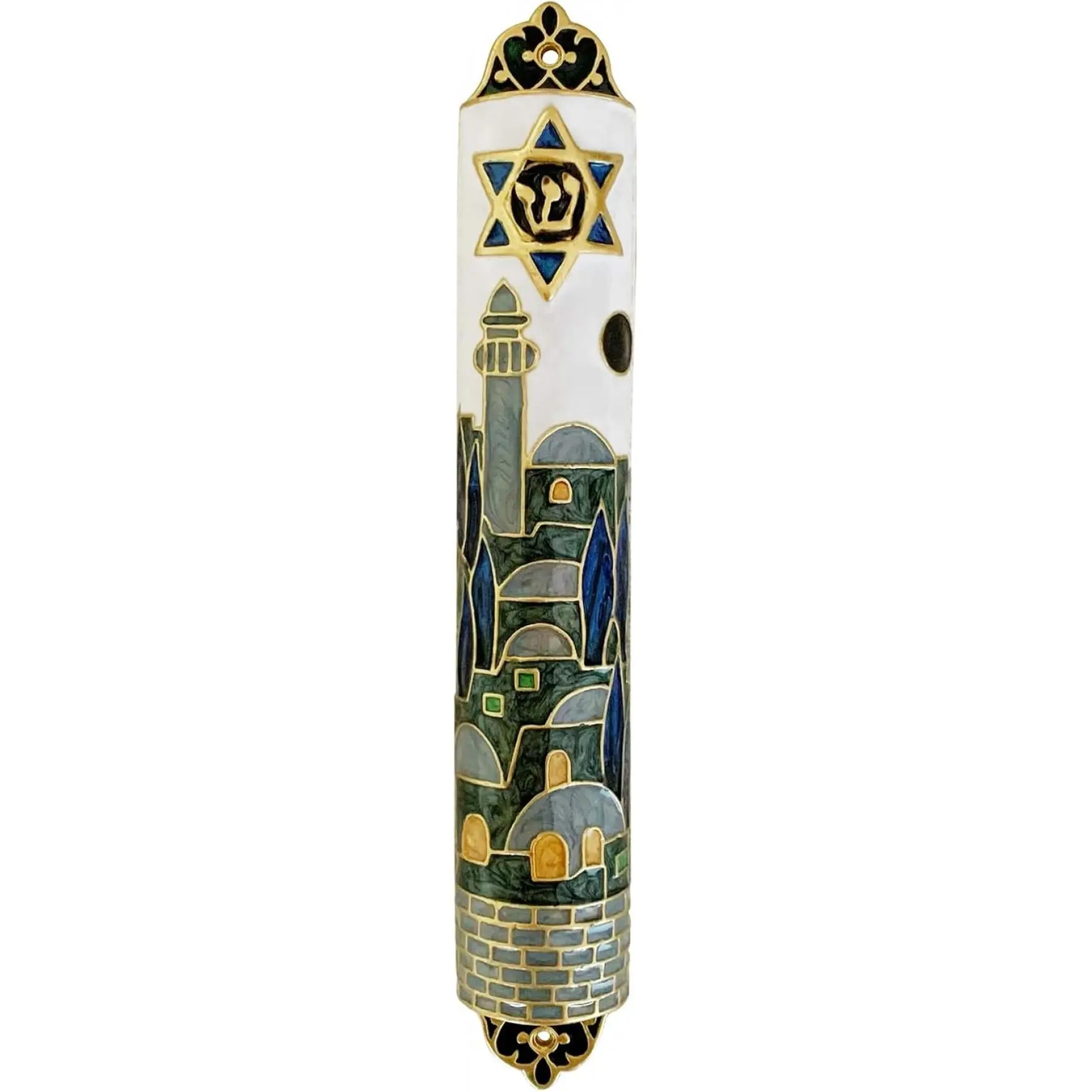 Hand-Painted Enamel Jewish Faith Mezuzah - Solid Metal Handmade Religious Art, Star of David, Jerusalem Motifs, Art Elegance Hanging Decor, Doorway Mount, Lightweight Indoor Home Decor, Ideal Religious Gift